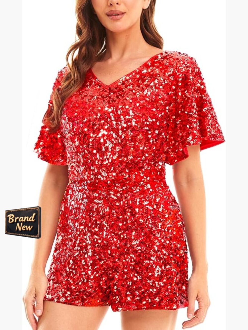 Sequin Romper with Flutter Sleeves, V-Neck, Back Zip, Party Outfit